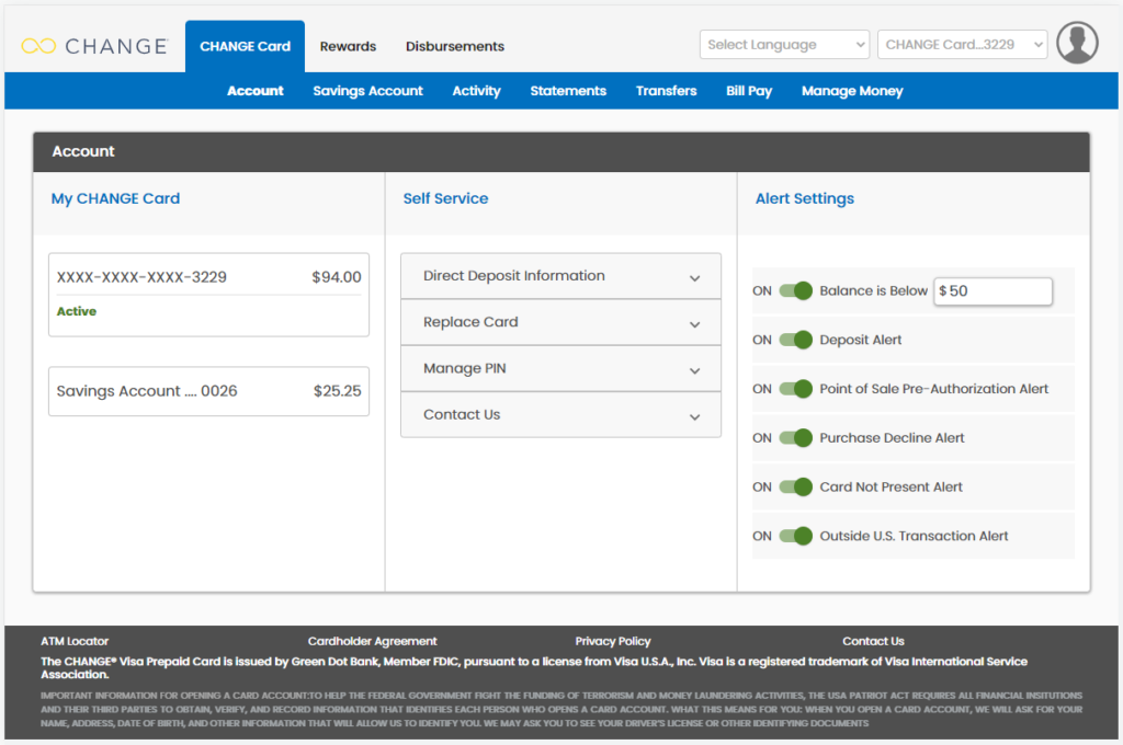 CHANGE card account portal